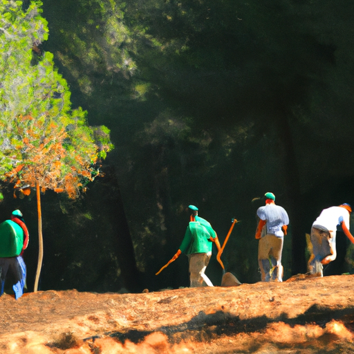 A group of Israeli conservationists working diligently in a newly planted forest.