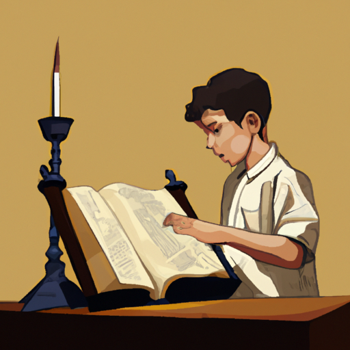 נער צעיר קורא בתורה, תוך שימת דגש על המשמעות התרבותית והדתית של בר מצווה.
