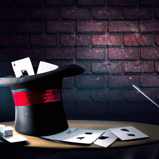 1. תמונה המציגה במה מוארת היטב עם מערך קוסם קלאסי כולל כובע, שרביט וחפיסת קלפים.