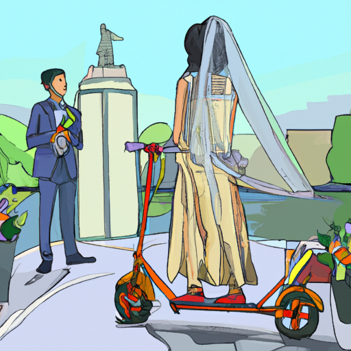 3. תמונה המציגה אורח בחתונה באמצעות הקטנוע המתקפל קל משקל כדי לנווט במקום בקלות.