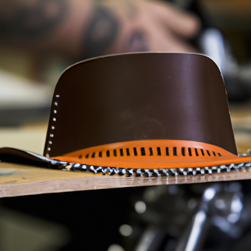 תמונה מפורטת של תהליך הייצור של כובע הארלי, מדגישה את הדיוק והאומנות