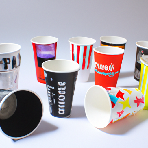 מגוון כוסות חד פעמיות ממותגות המציגות עיצובי לוגו שונים